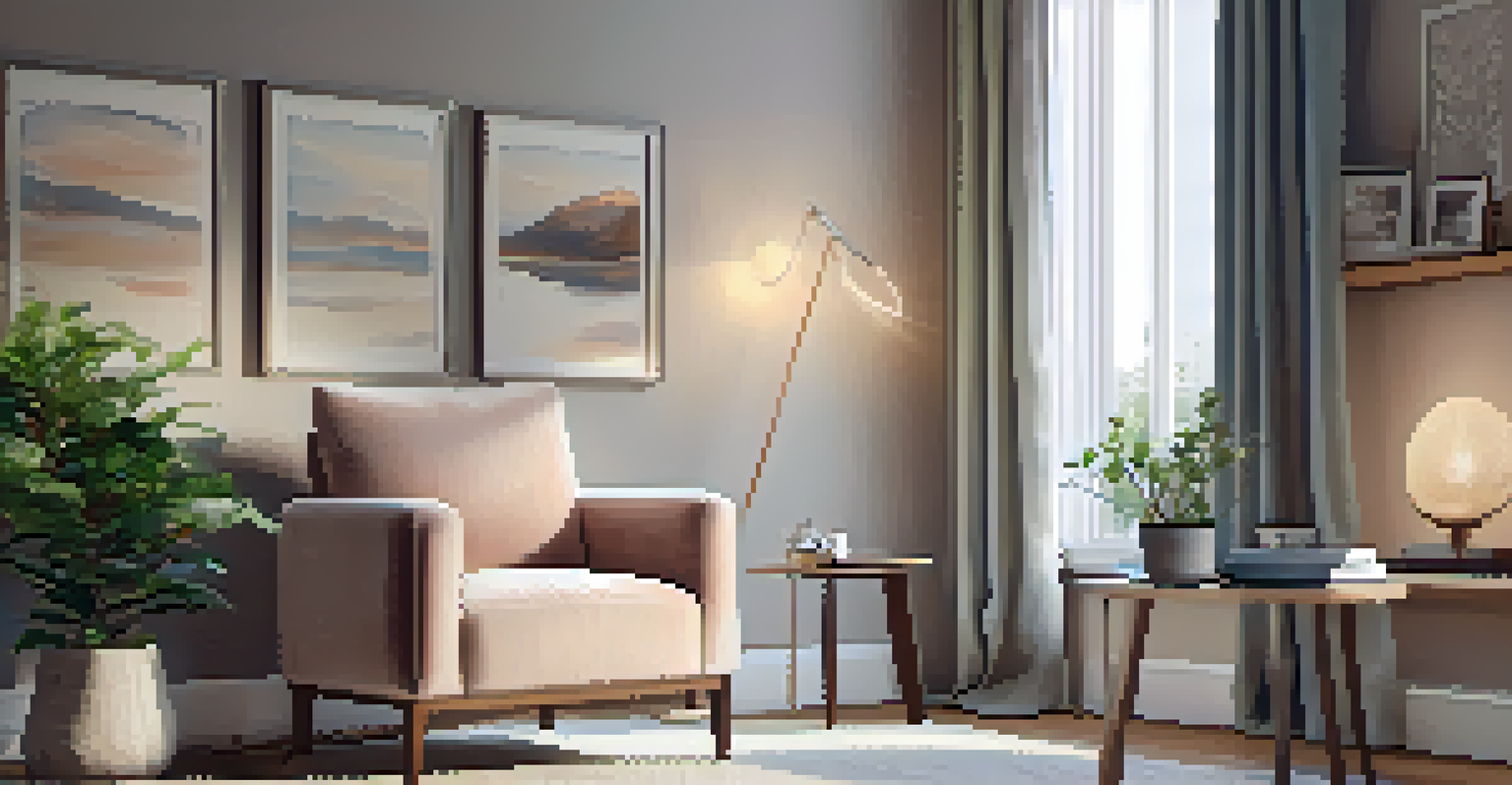 A serene relaxation zone in a home office with a cozy armchair, soft blanket, and calming decor, illuminated by soft lighting.