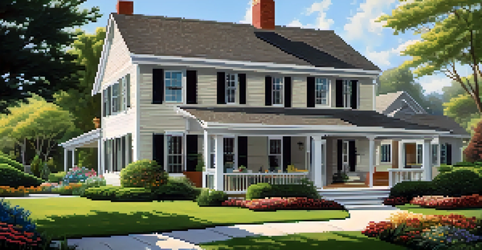 A well-maintained home with a vibrant garden and trimmed trees under a clear blue sky.