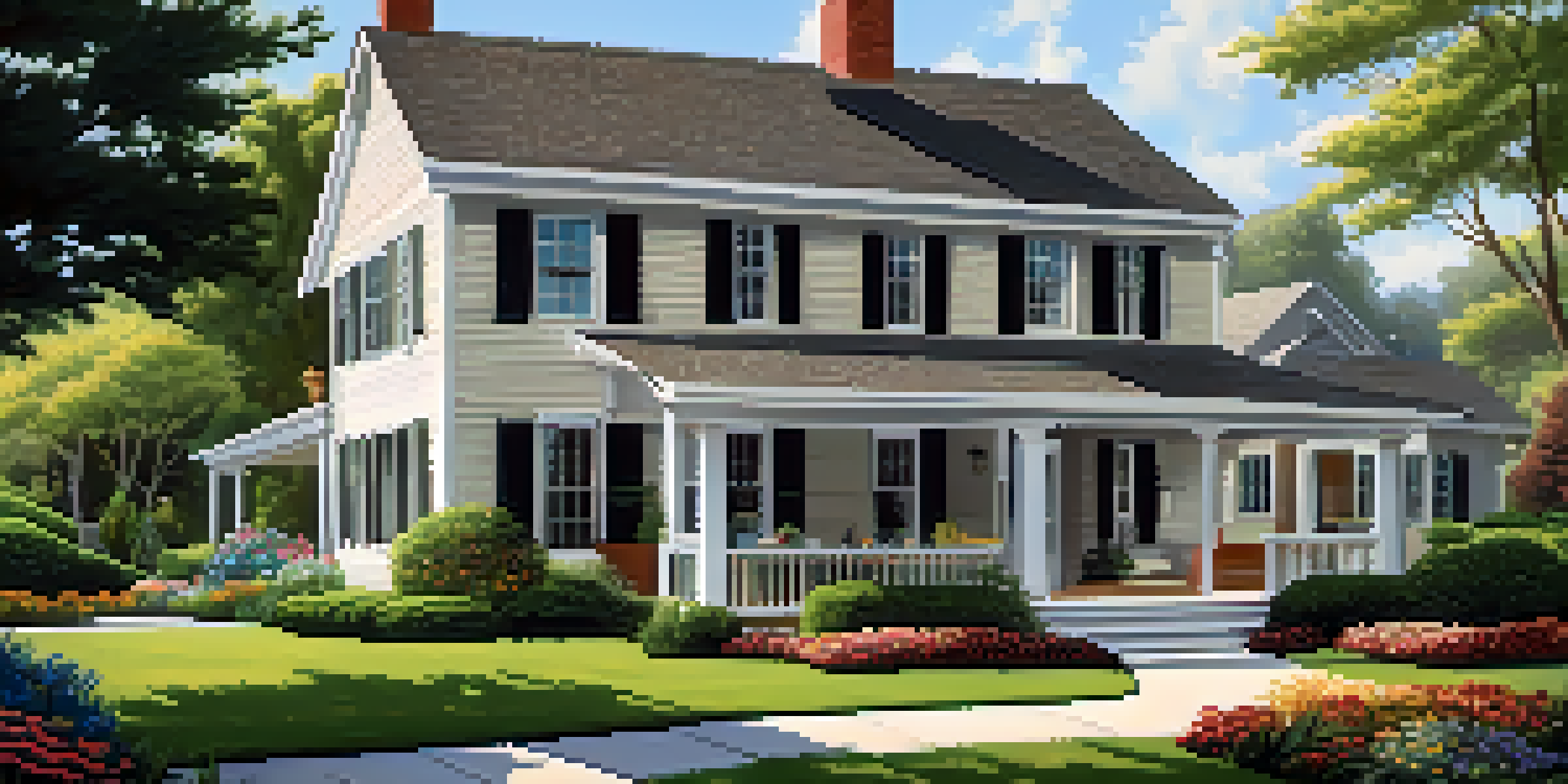 A well-maintained home with a vibrant garden and trimmed trees under a clear blue sky.