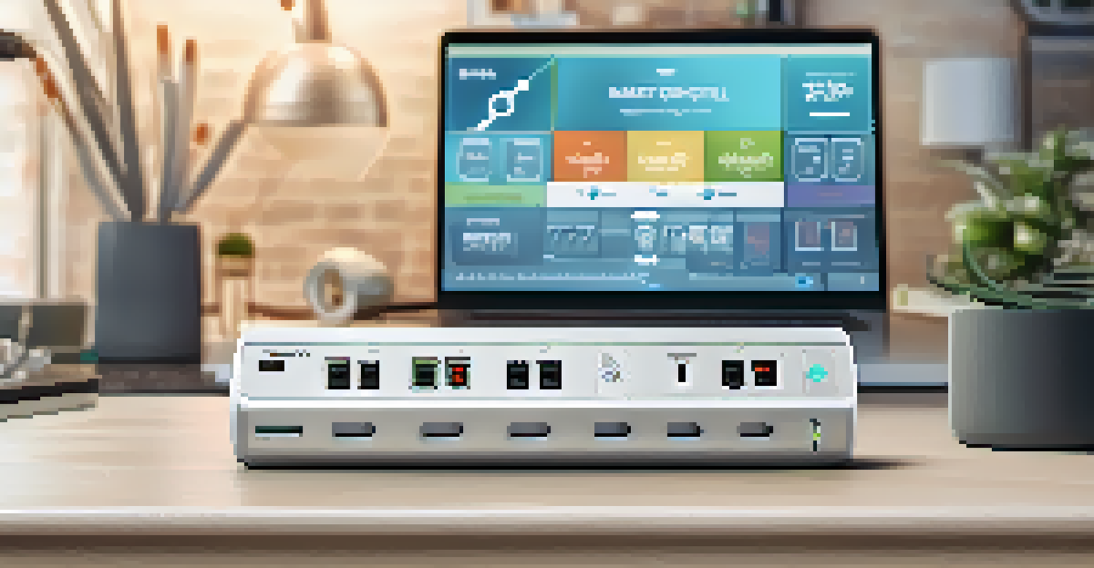 A smart power strip showing energy consumption data, set in a modern home office environment.