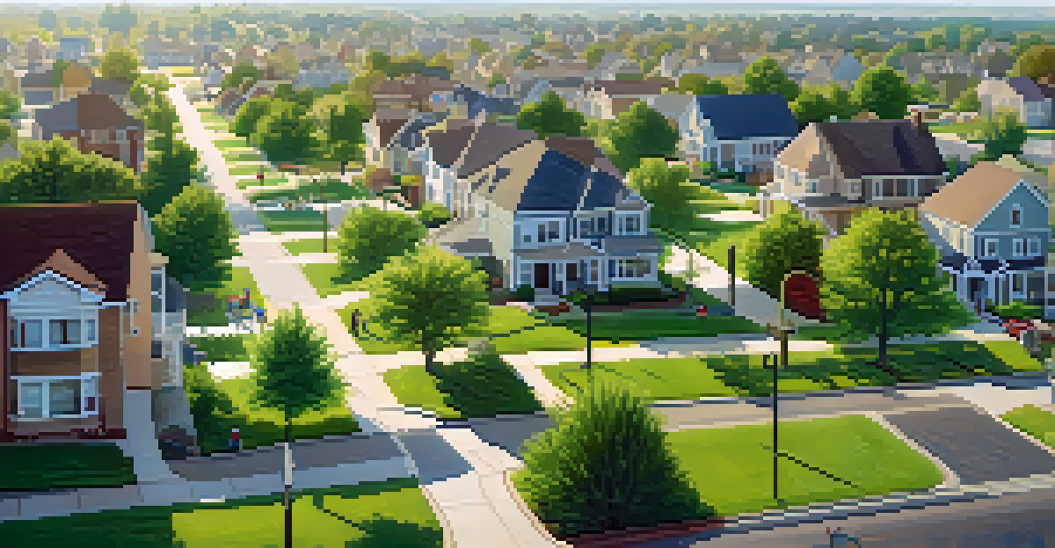 A serene suburban community with houses, parks, and children playing, illuminated by soft morning light.