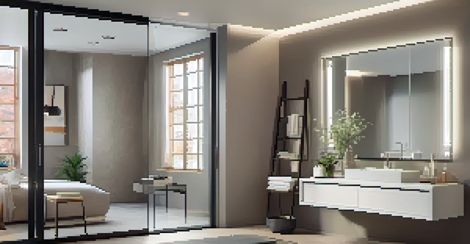 A small bathroom with a glass sliding door, compact vanity, and large mirror, featuring modern decor and soft lighting.
