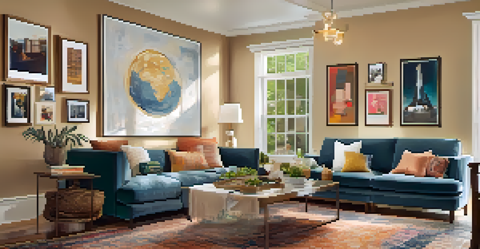 A lively open living area adorned with family photos, a decorative globe, and warm lighting for a cozy feel.