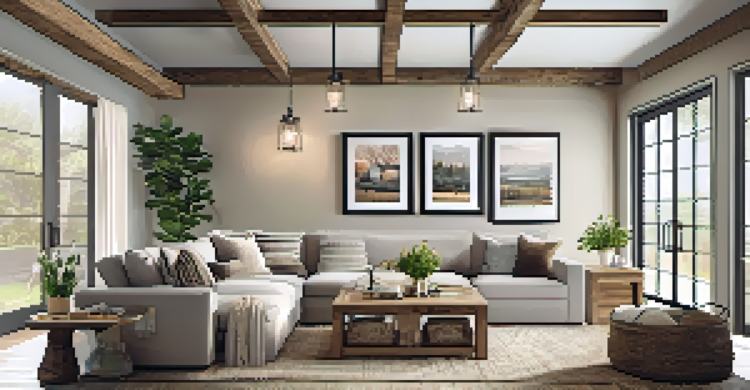 A cozy living room in modern farmhouse style with a soft sectional sofa, reclaimed wood coffee table, and family photos, illuminated by warm lighting.