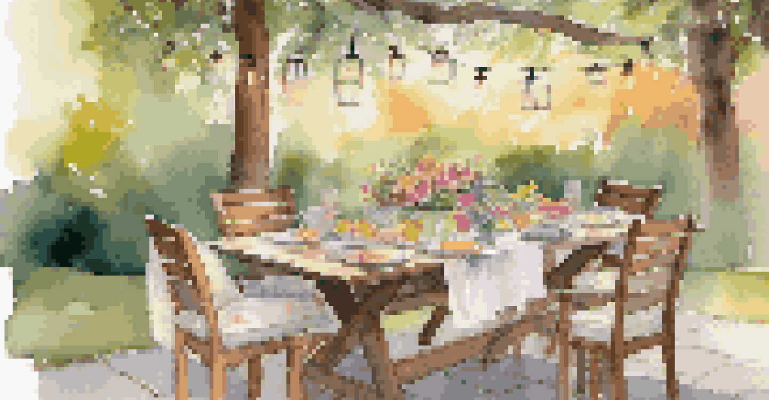 An outdoor dining area in a garden with a wooden table set with spring flowers, pastel plates, and string lights above.