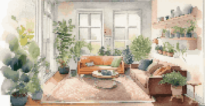 A cozy living room designed for accessibility, featuring a comfortable sofa, wide pathways, and assistive tools like a grab bar.