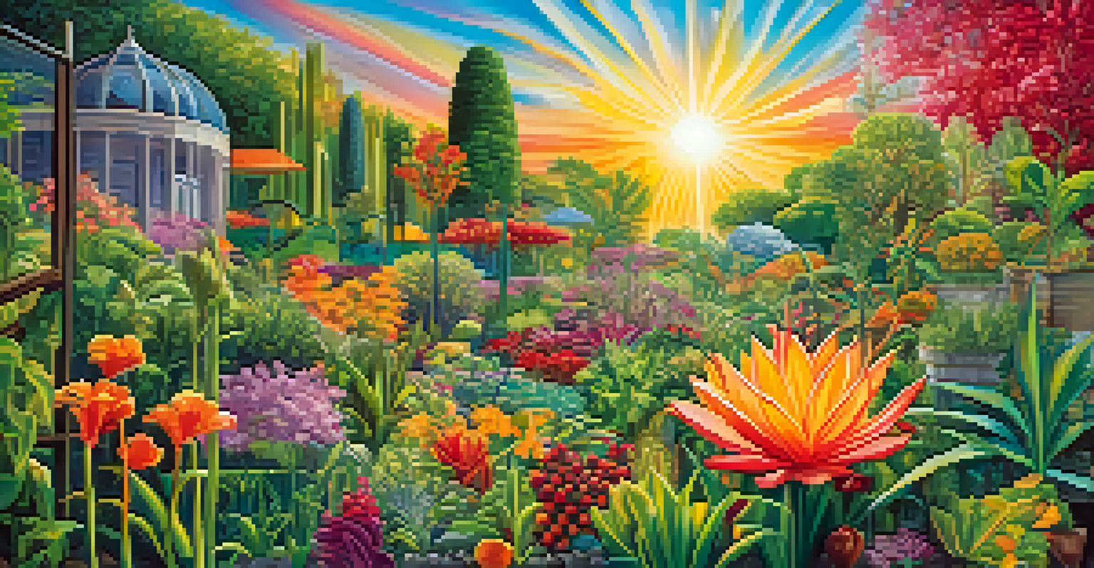An abstract garden symbolizing economic recovery, with bright colors and flourishing plants.