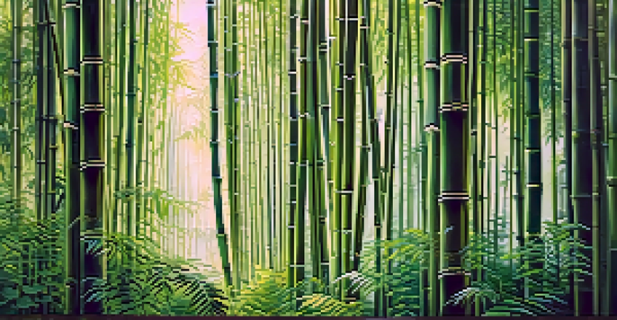 A peaceful bamboo forest illuminated by morning light, with sunlight creating shadows on the ground covered in ferns.