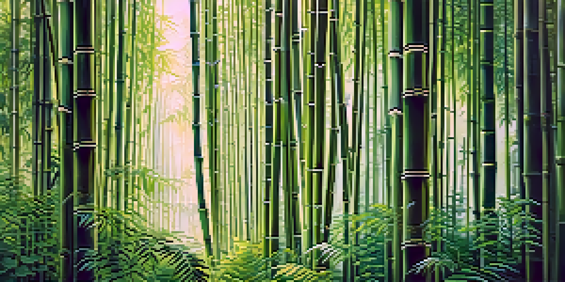 A peaceful bamboo forest illuminated by morning light, with sunlight creating shadows on the ground covered in ferns.