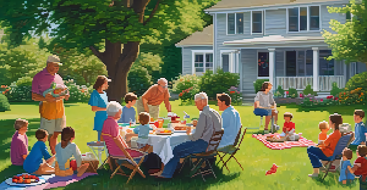 A family picnic in the backyard with grandparents, parents, and children enjoying food and games together.