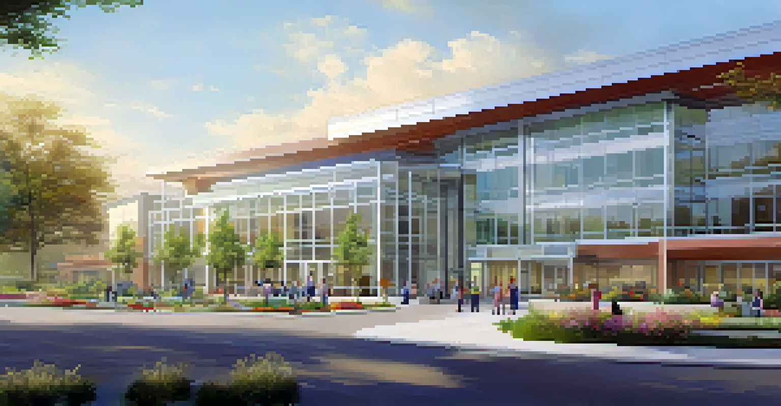 A modern hospital building surrounded by greenery, depicting a welcoming atmosphere with patients and staff.