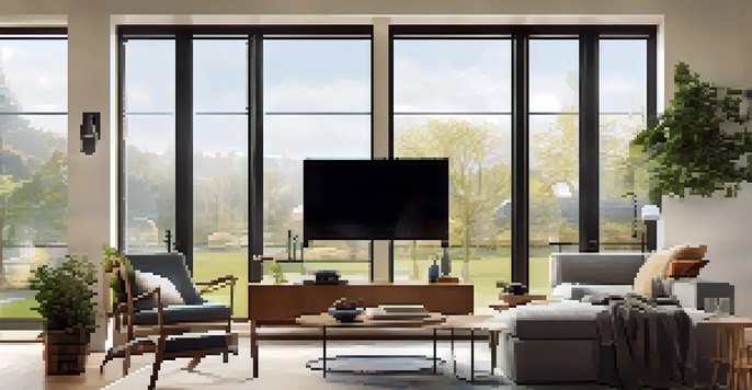 A modern living room with smart technology, showcasing a smart thermostat, adjustable lighting, and energy-efficient appliances, illuminated by natural light.