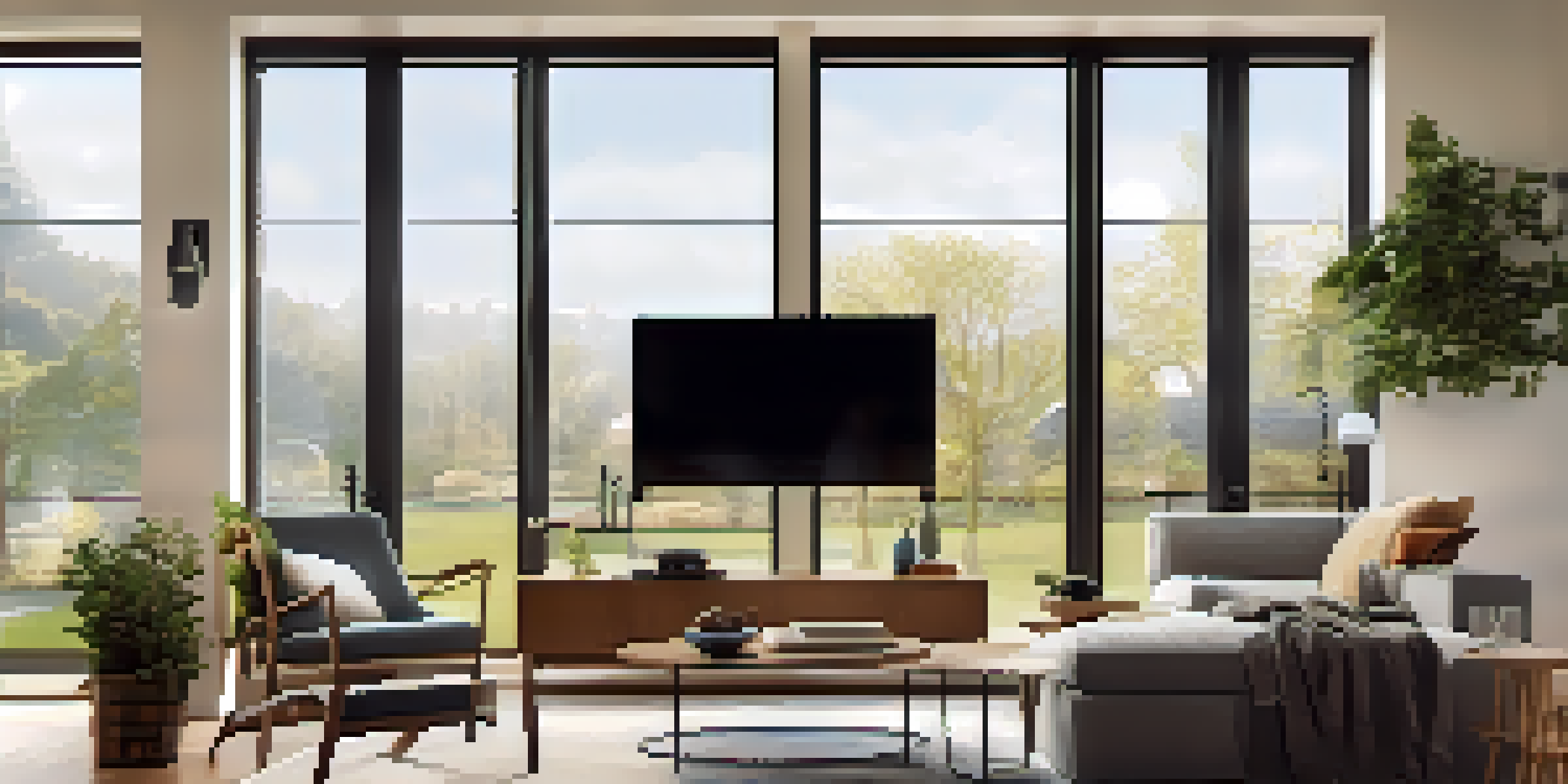 A modern living room with smart technology, showcasing a smart thermostat, adjustable lighting, and energy-efficient appliances, illuminated by natural light.