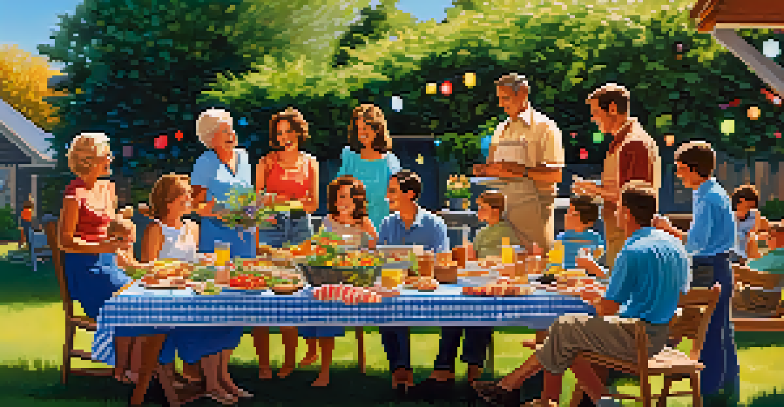 A joyful family picnic in a backyard with multiple generations enjoying food and laughter together under a clear blue sky.