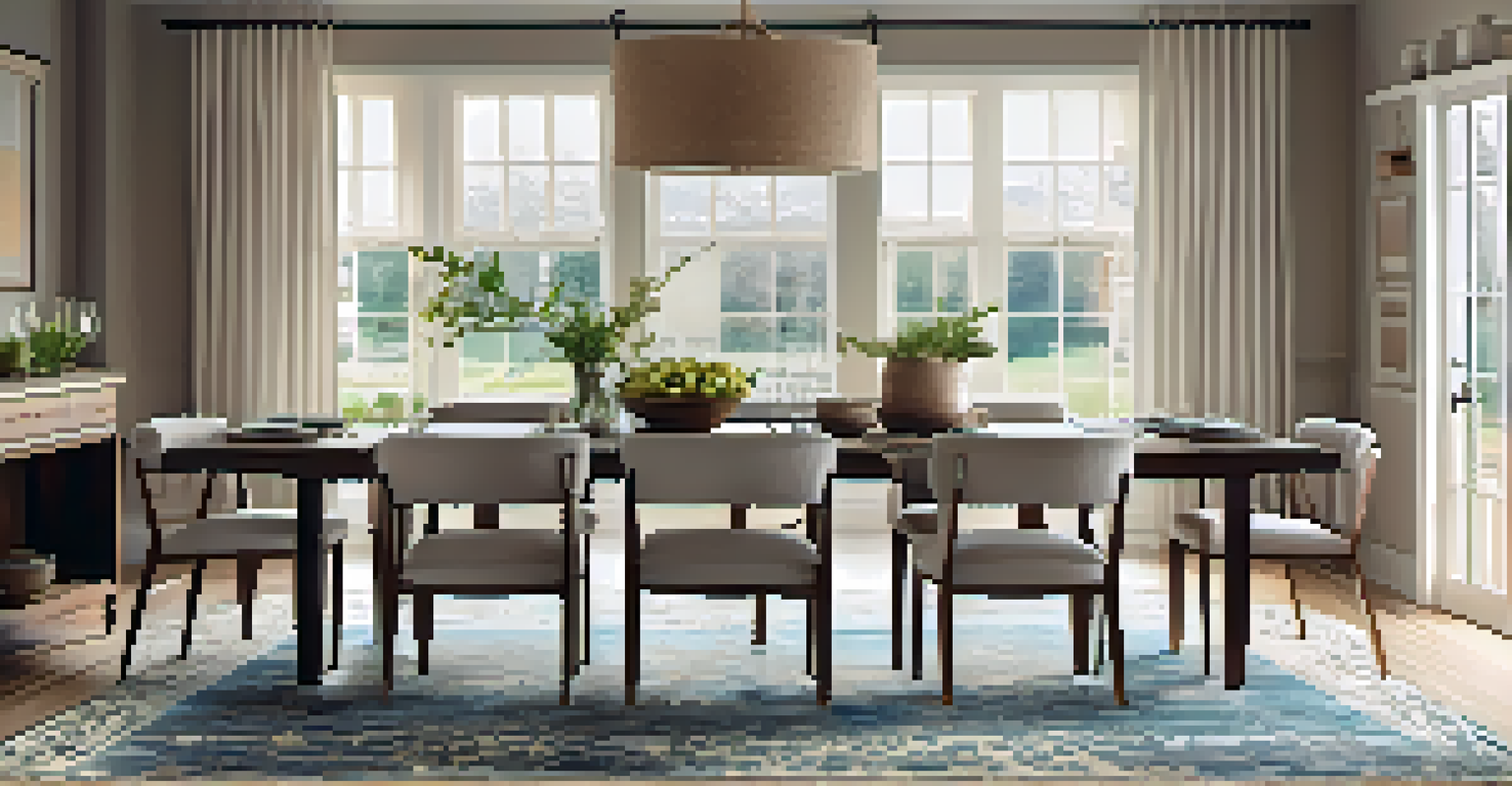 A stylish dining area with a vibrant patterned rug under a large wooden table, illuminated by soft natural light from the windows.
