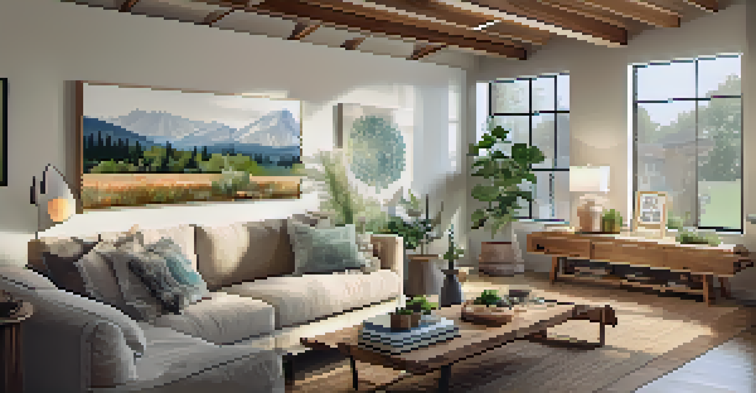 An open house event displaying sustainable features with brochures on a table, set in a warmly lit living room with natural materials.