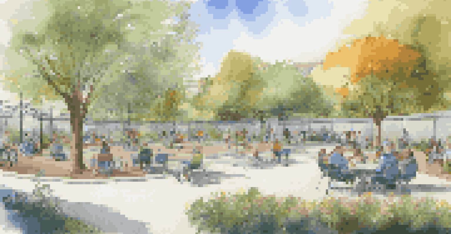 An inclusive outdoor space with accessible pathways, playgrounds, and people socializing in a sunny environment.