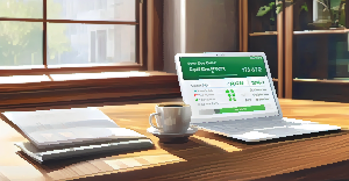 A close-up view of a credit score report on a wooden desk with a laptop and coffee cup.