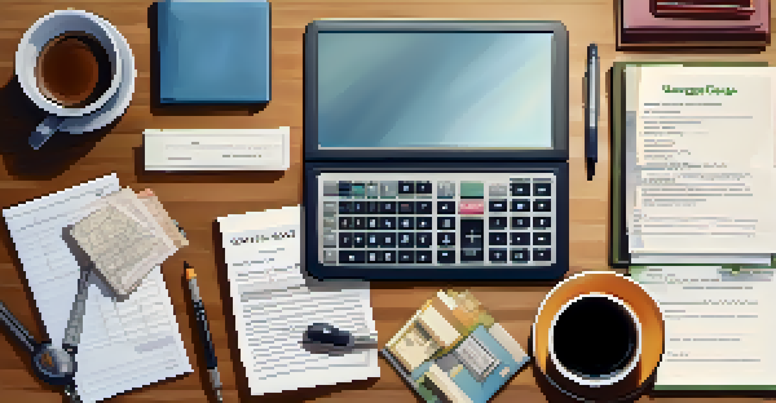 An overhead view of a desk with home buying paperwork, a calculator, and a laptop, illuminated by soft morning light.