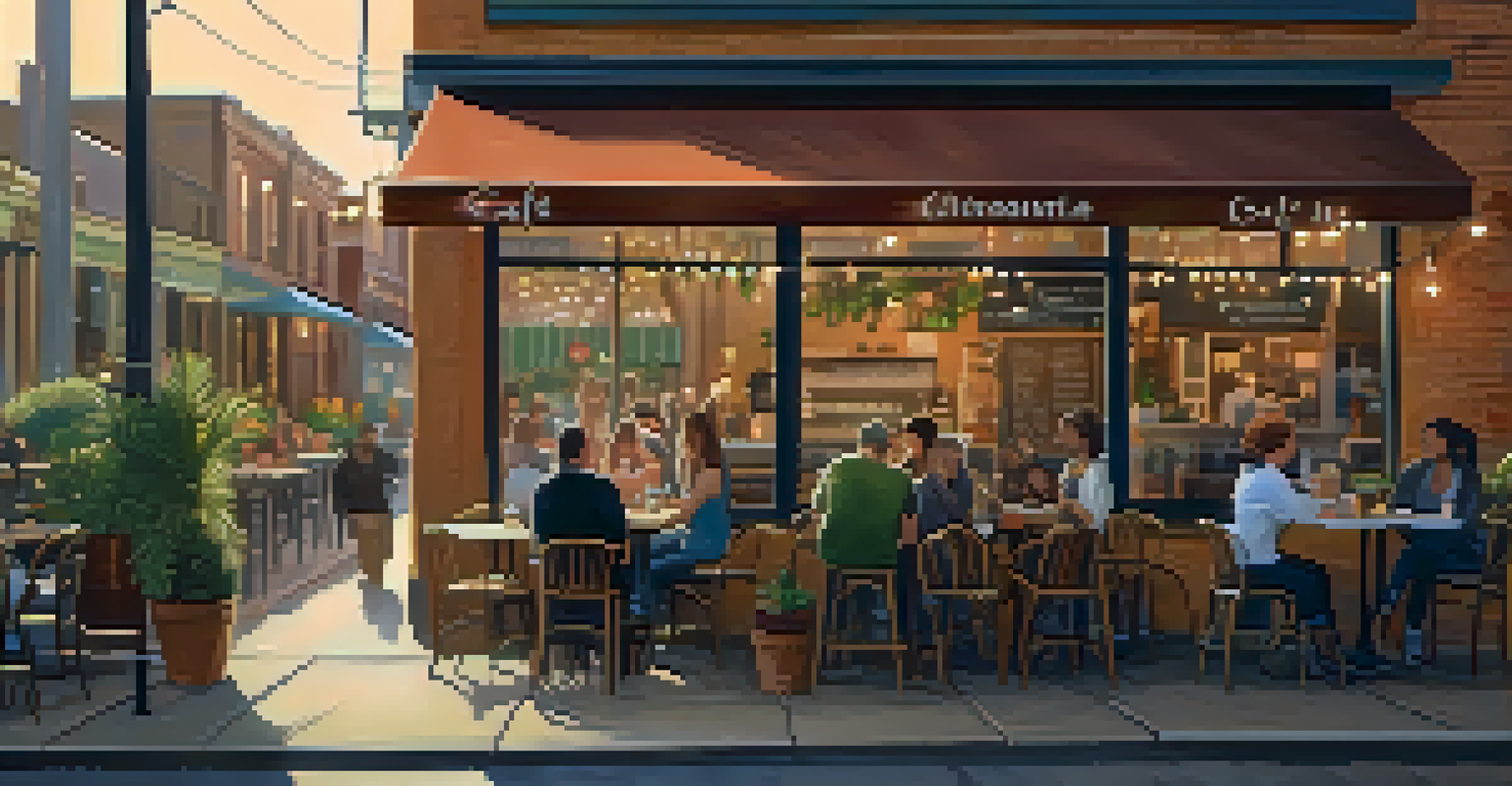A cozy local café with outdoor seating filled with patrons enjoying coffee and pastries.