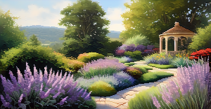 A peaceful garden filled with lavender, sedum, and ornamental grasses under warm sunlight, with a winding stone pathway.