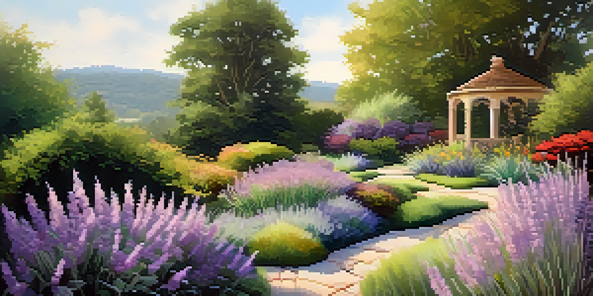 A peaceful garden filled with lavender, sedum, and ornamental grasses under warm sunlight, with a winding stone pathway.