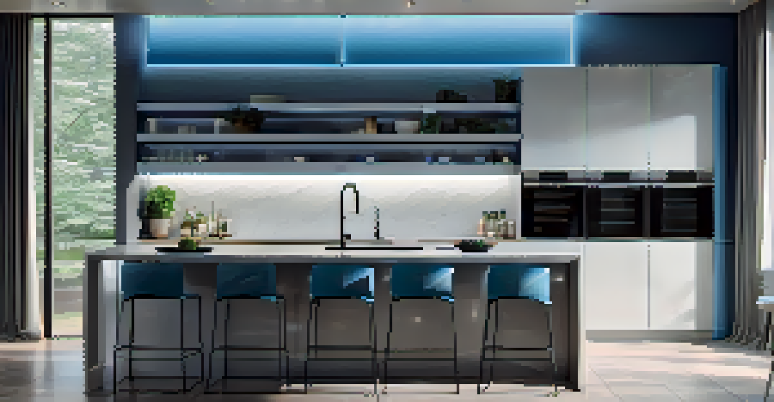 A modern kitchen with blue LED light strips under the cabinets, showcasing sleek countertops and contemporary design.