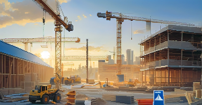 A construction site at sunset with safety signs and scattered tools, showcasing a partially constructed building in the background.