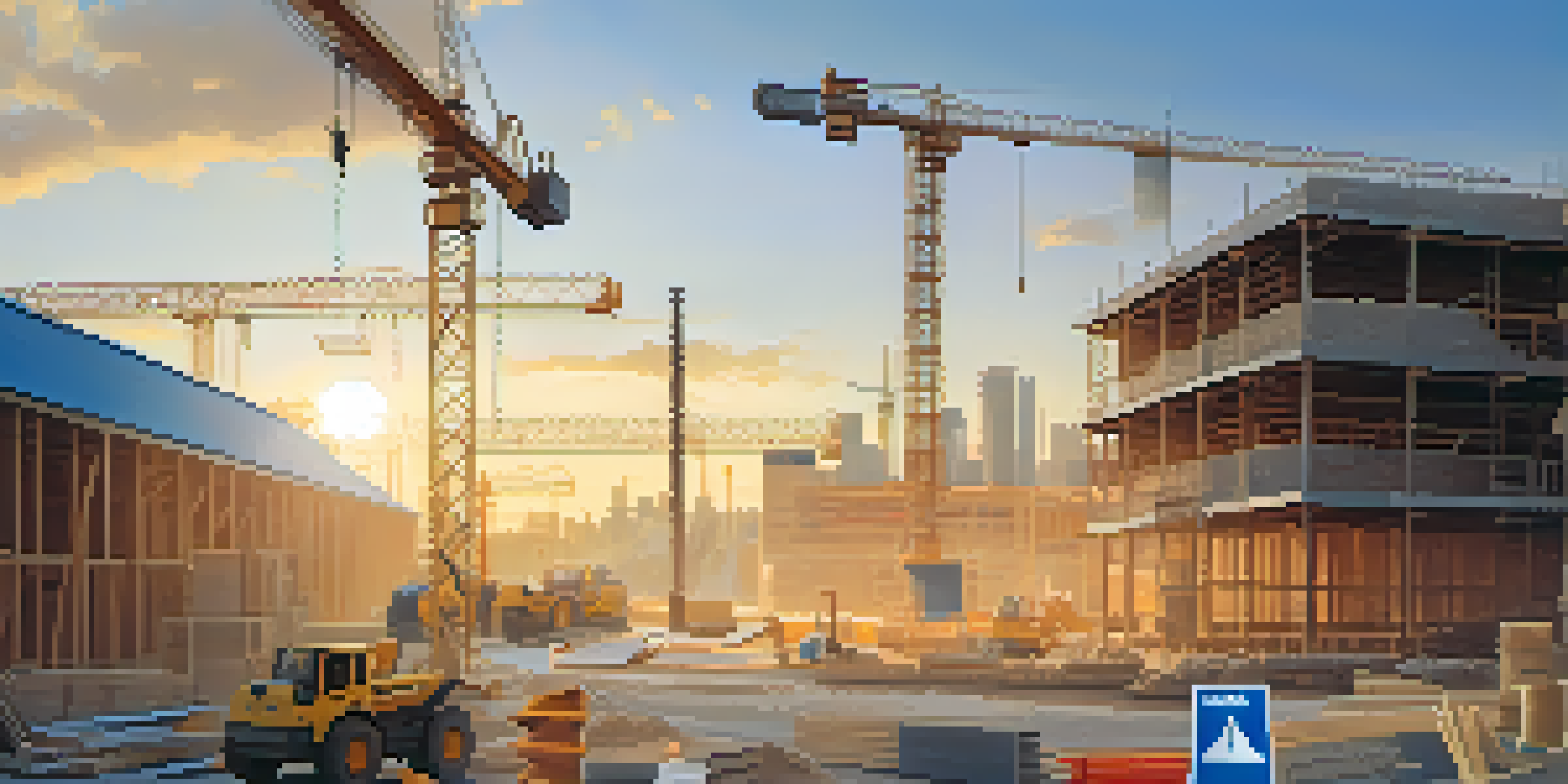 A construction site at sunset with safety signs and scattered tools, showcasing a partially constructed building in the background.