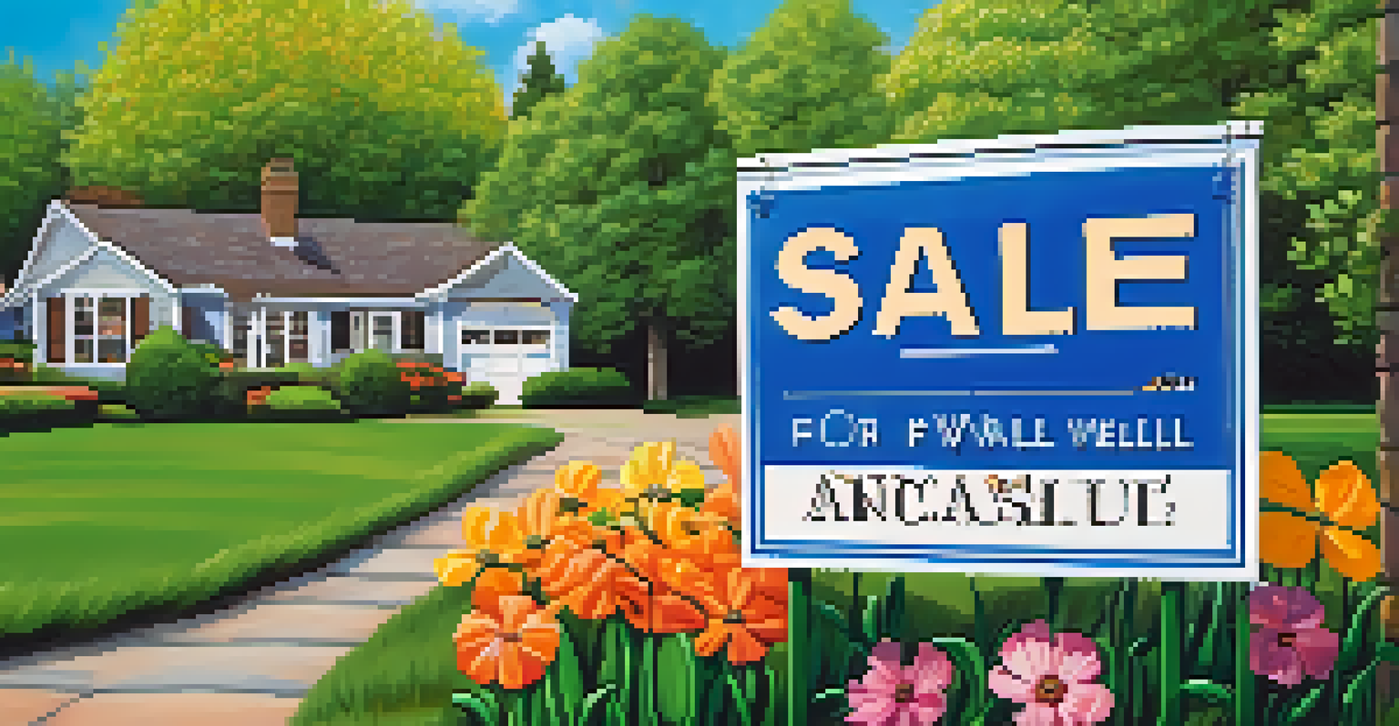 A 'For Sale' sign in front of a beautiful house with a lush lawn and blooming flowers.