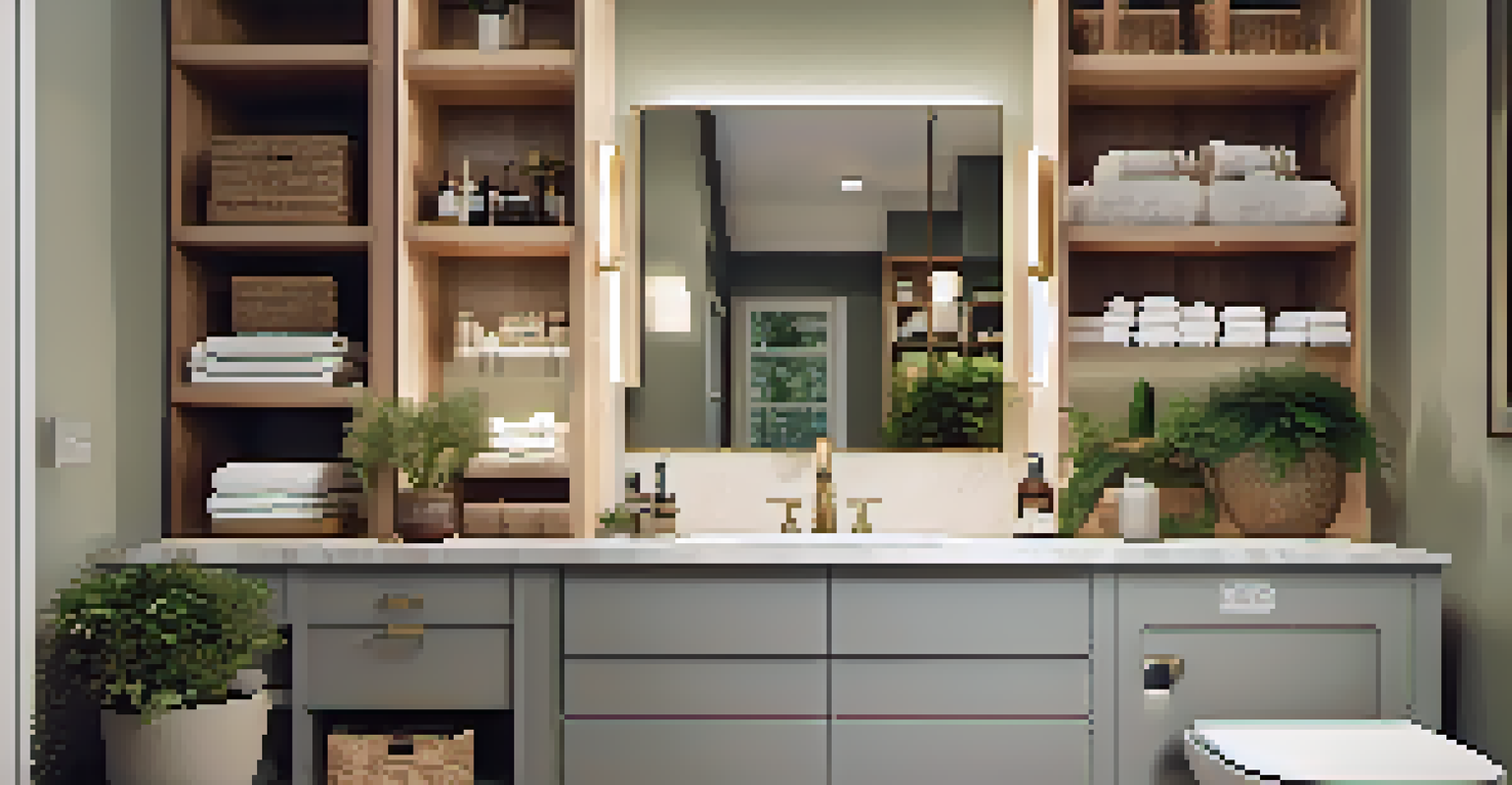 A cozy bathroom with built-in shelves and a stylish vanity, showcasing organized toiletries and warm lighting.