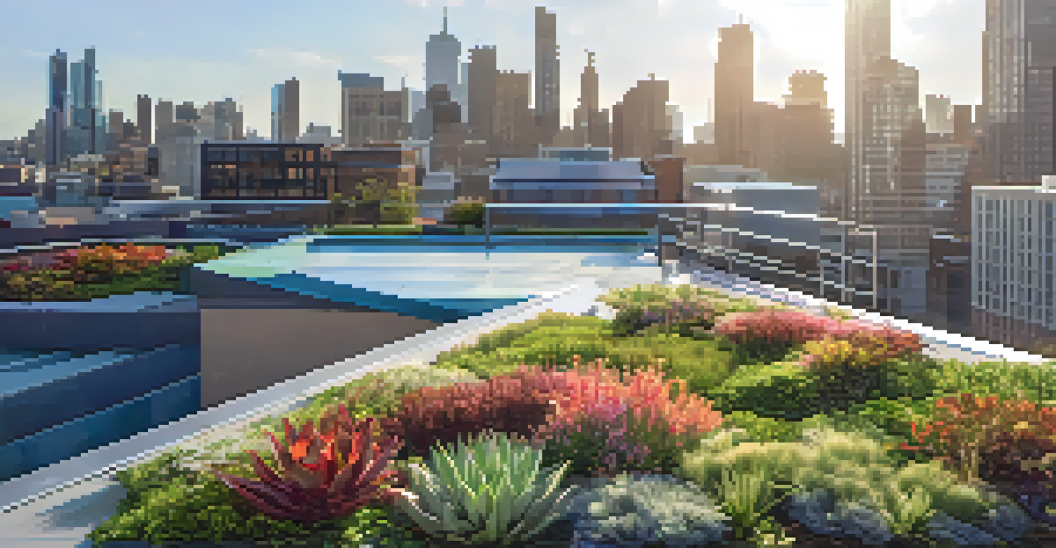 A detailed view of a green roof with plants and flowers on a modern building, set against a city skyline.