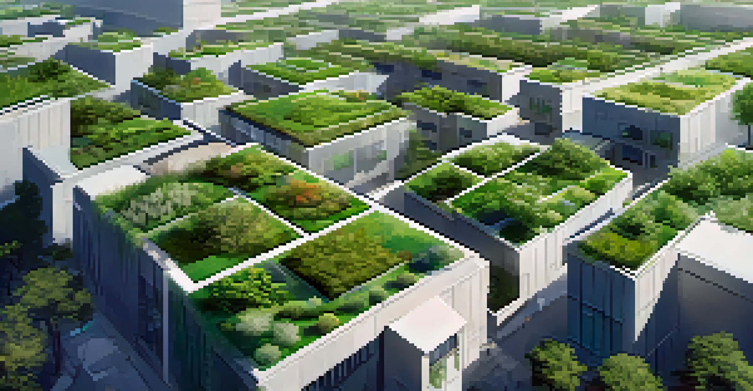 An aerial view of buildings with green roofs, showcasing various plants and contrasting with surrounding concrete structures.