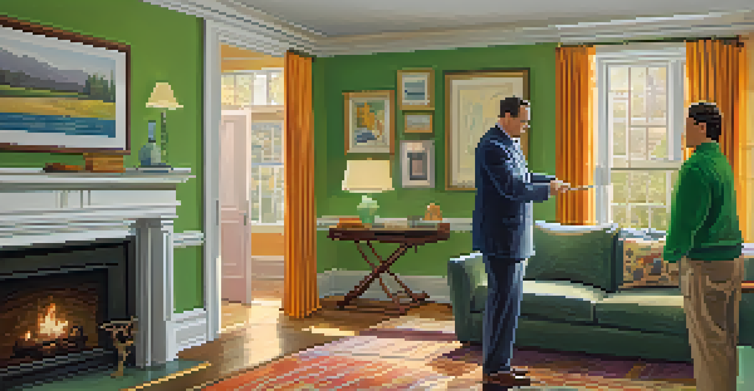 A home inspector discussing accessibility modifications in a living room with a client.