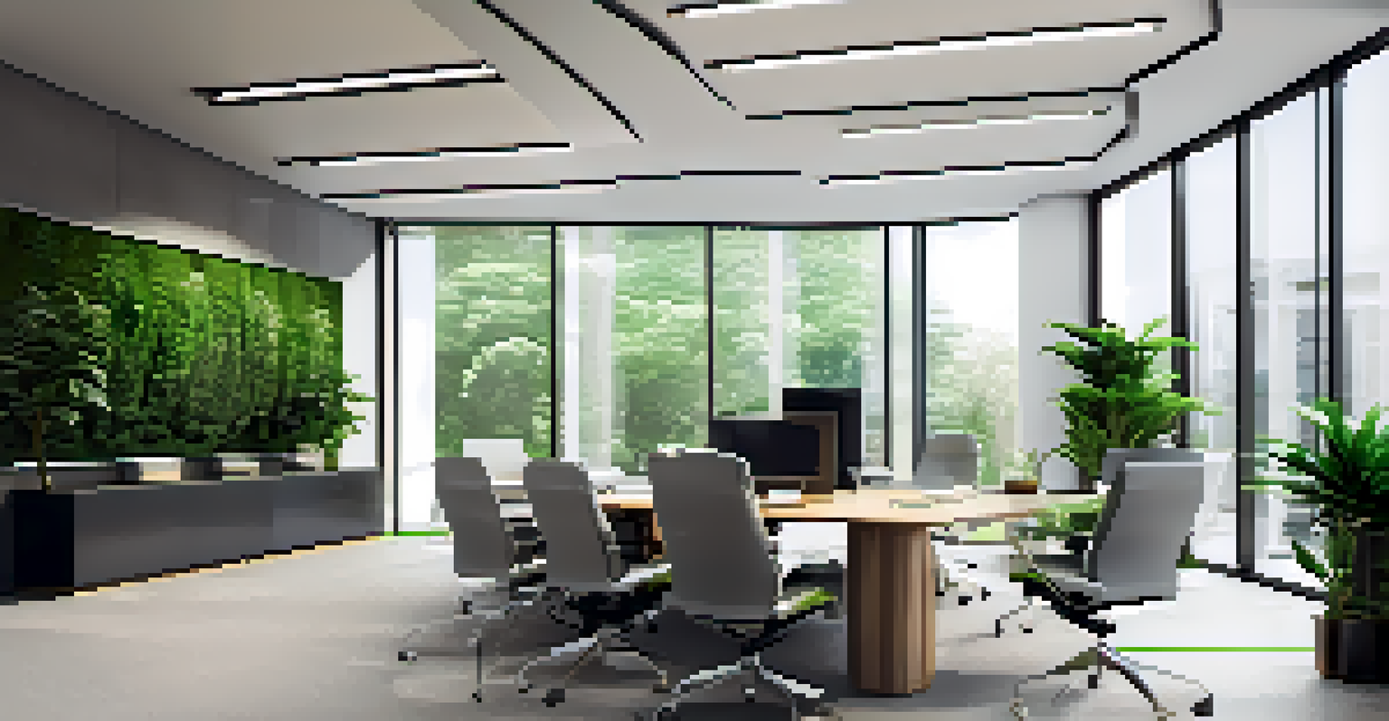 A modern office interior with large windows, sleek furniture, and a conference table arranged for a meeting.