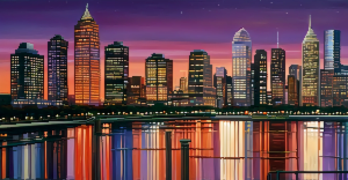 A city skyline during dusk with high-rise buildings and a river reflecting the colorful sky.
