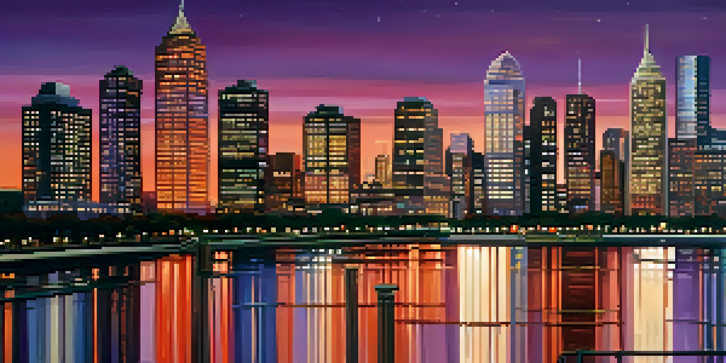 A city skyline during dusk with high-rise buildings and a river reflecting the colorful sky.