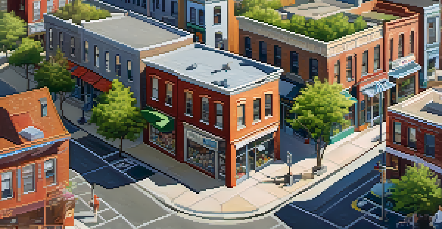 Aerial view of a revitalized urban neighborhood with residential and commercial buildings.