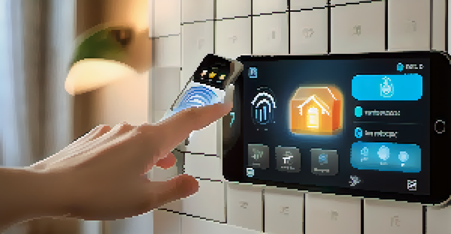 A close-up of a hand holding a smartphone displaying a home automation app, with smart bulbs glowing softly in the blurred background.