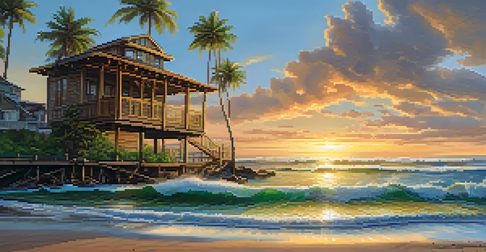 A coastal landscape at sunset with rising sea levels, partially submerged beach houses, and lush greenery.