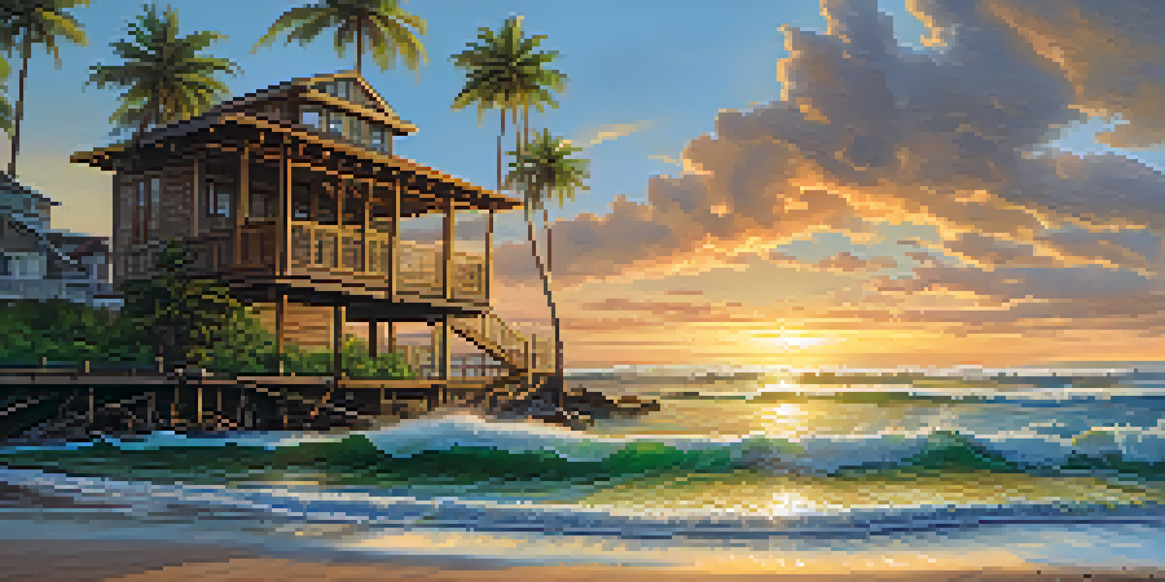 A coastal landscape at sunset with rising sea levels, partially submerged beach houses, and lush greenery.