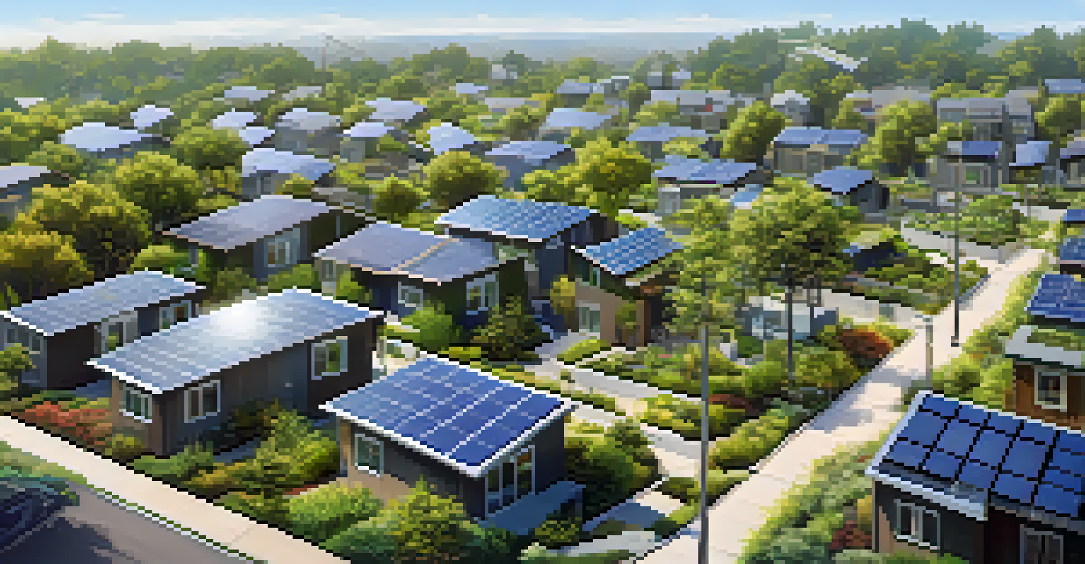 Aerial view of a sustainable neighborhood with energy-efficient homes, solar panels, and green roofs.