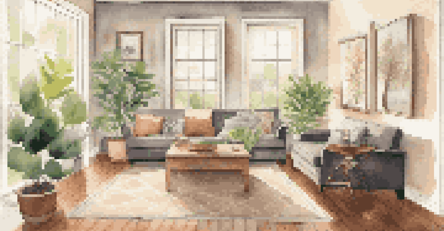 A cozy living room with a comfortable sofa, coffee table, and natural light from a window.