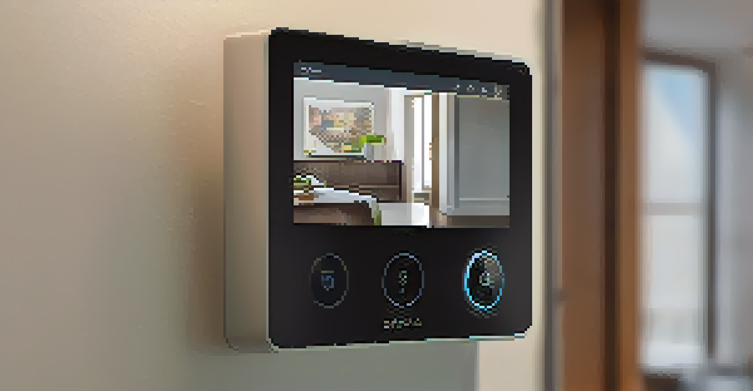 A close-up of a smart security system with a doorbell camera and a monitor showing live footage, set in a modern home.