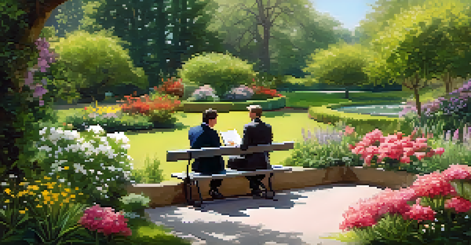Two individuals discussing real estate options in a peaceful garden surrounded by flowers and greenery.