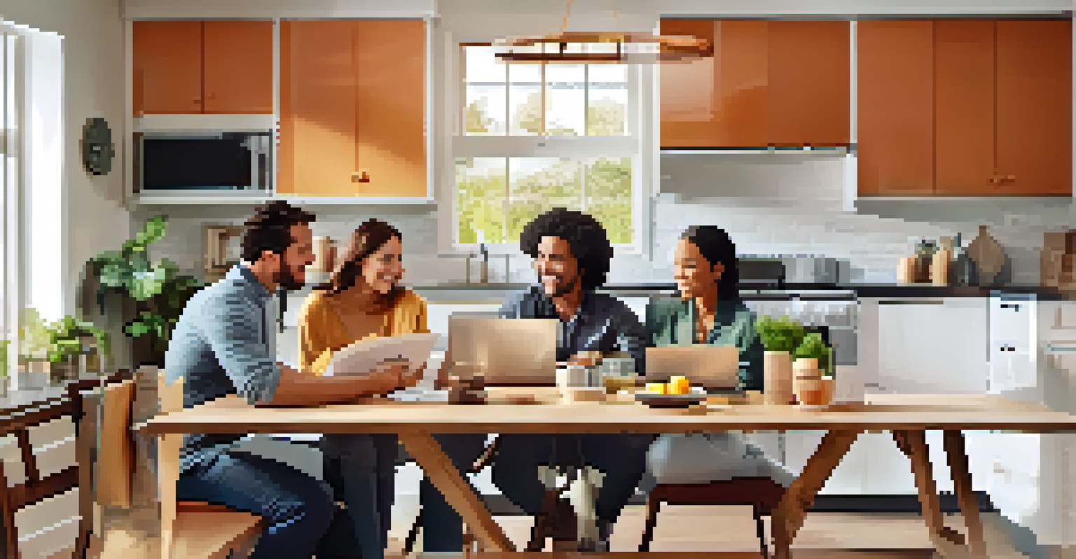 A family discussing home warranty options at a kitchen table with documents and a laptop.