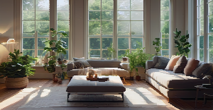 A warm and inviting living room with LED lighting and double-pane windows, decorated with soft furnishings and plants.