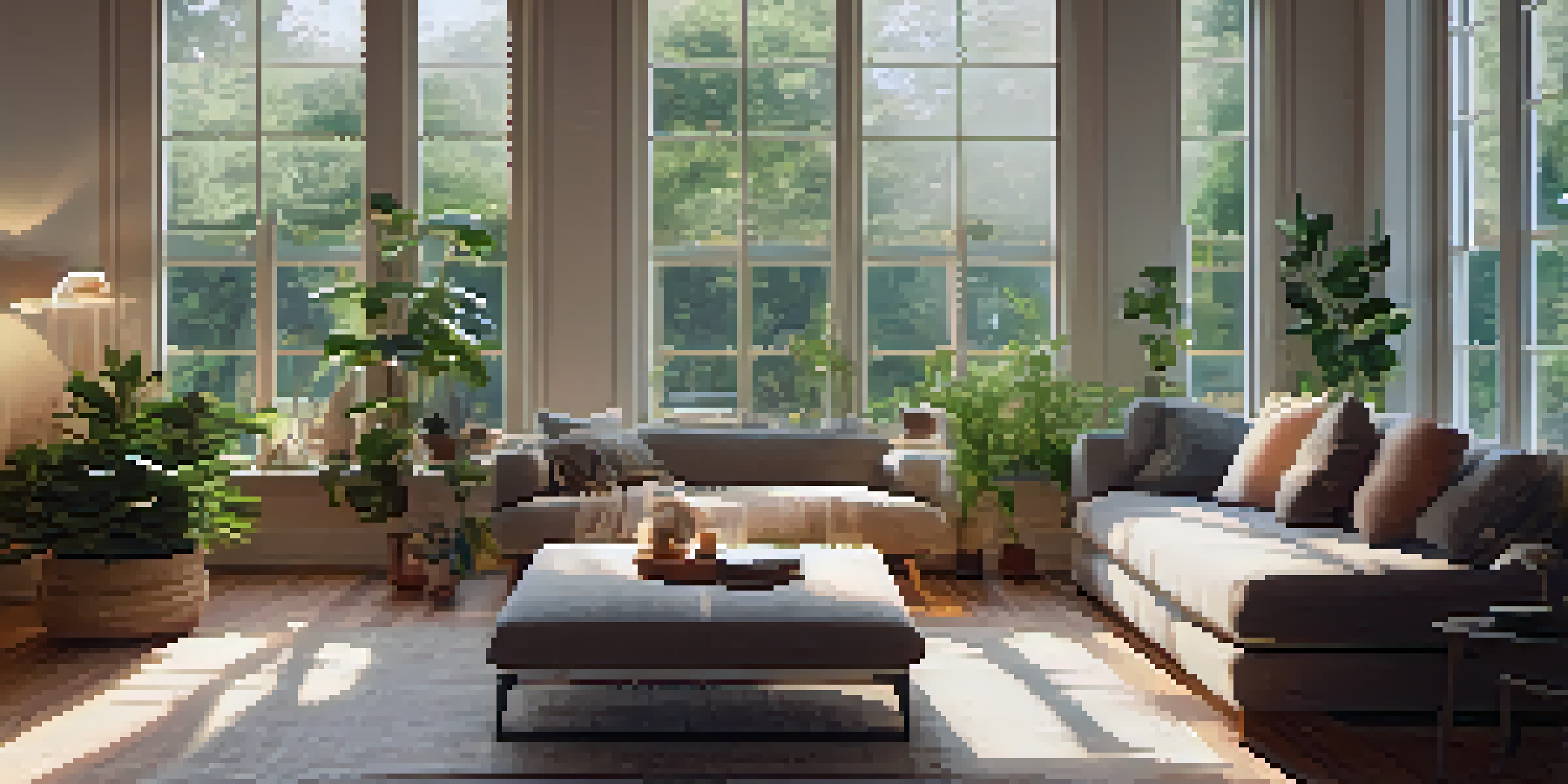 A warm and inviting living room with LED lighting and double-pane windows, decorated with soft furnishings and plants.