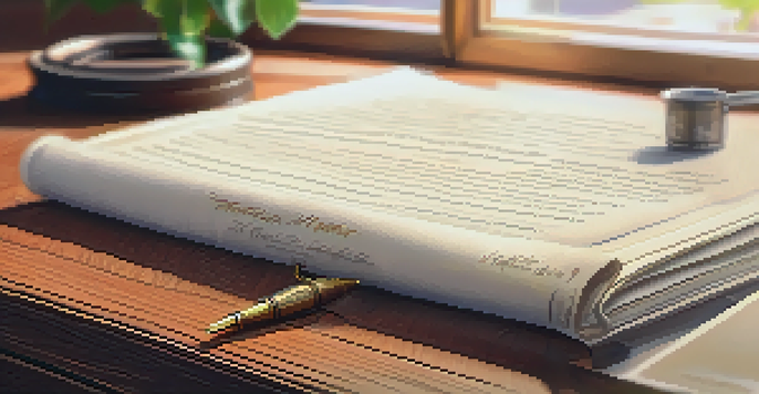 A detailed property deed document on a wooden desk with a vintage fountain pen and a potted plant, illuminated by sunlight through a window.