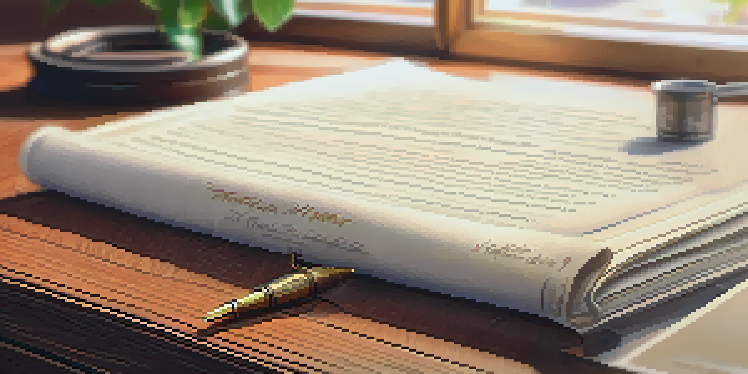 A detailed property deed document on a wooden desk with a vintage fountain pen and a potted plant, illuminated by sunlight through a window.